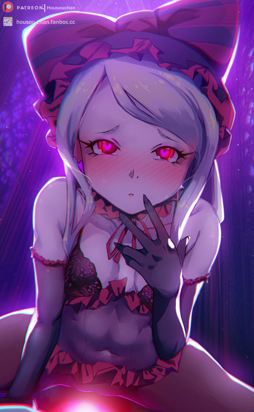 1girl artist_name bangs bare_shoulders black_gloves blush bow breasts closed_mouth collarbone covered_navel elbow_gloves gloves glowing grey_hair hair_bow hand_up highres housou-chan long_hair looking_at_viewer medium_breasts overlord_(maruyama) pov red_bow red_eyes shalltear_bloodfallen shiny shiny_hair spread_legs striped striped_bow vampire