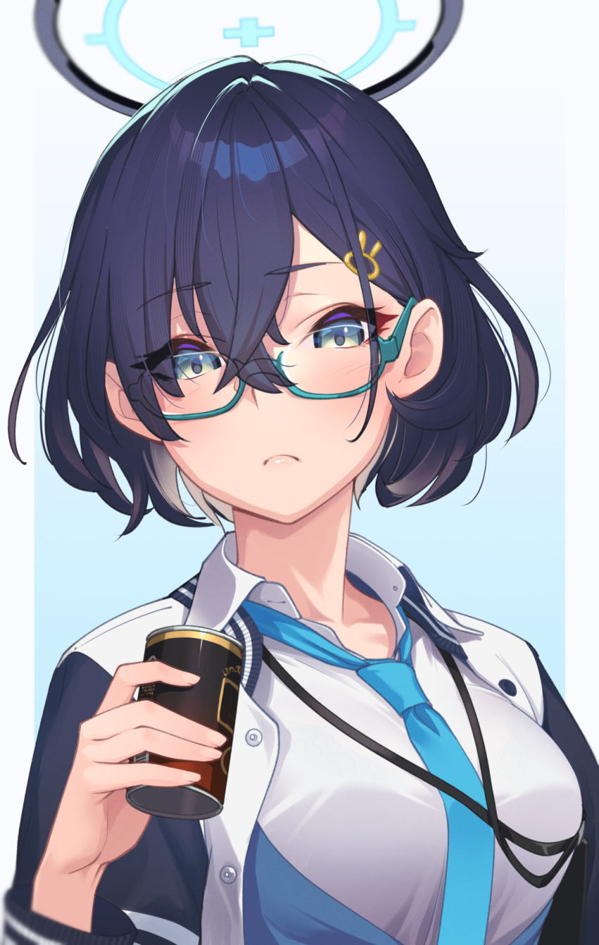 1girl bangs black_hair blue-framed_eyewear blue_archive blue_eyes blue_necktie can chihiro_(blue_archive) commentary_request eyes_visible_through_hair frown glasses gradient gradient_background hair_between_eyes hair_ornament hairclip halo highres hikichi_sakuya holding holding_can jacket long_sleeves looking_at_viewer necktie shirt short_hair simple_background solo upper_body white_shirt