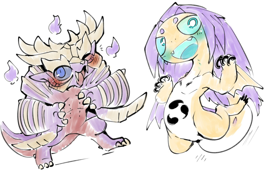 ambiguous_gender belly belly_markings black_sclera blade_arm blush capcom chibi countershading doneru duo fanged_wyvern fangs fire fireball frill_(anatomy) hi_res horn leviathan_(mh) looking_aside looking_at_viewer magnamalo markings monster_hunter one_eye_closed purple_body purple_scales scales simple_background sketch smile somnacanth video_games white_background wink yellow_body yellow_scales