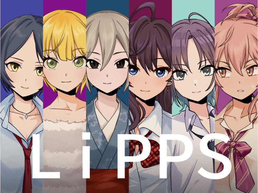 6+girls ahoge asakura_toru bow bowtie ear_piercing fur_trim hayami_kanade ichinose_shiki idolmaster idolmaster_cinderella_girls idolmaster_shiny_colors japanese_clothes jewelry jougasaki_mika kakki_(kackie) kimono lipps_(idolmaster) miyamoto_frederica multiple_girls necklace necktie piercing school_uniform shiomi_syuko sweatdrop