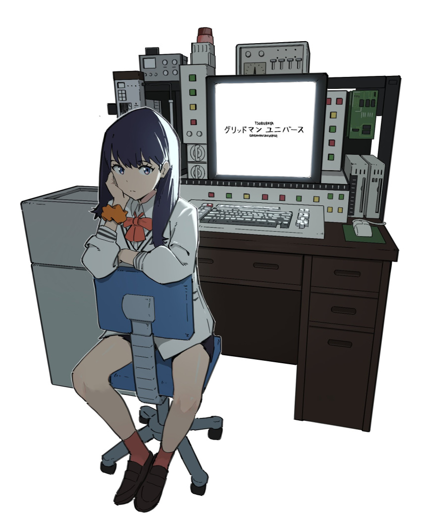 1girl black_hair black_shorts bow brown_footwear cardigan chair collared_shirt computer gridman_universe gridman_universe_(film) hair_behind_ear hand_on_own_cheek hand_on_own_face highres looking_at_viewer office_chair psylduck red_bow school_uniform scrunchie shirt shorts sitting solo ssss.gridman takarada_rikka white_cardigan white_shirt wrist_scrunchie