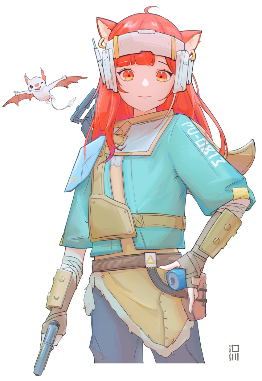 1girl absurdres apex_legends bat_(animal) blue_eyes blue_jacket blue_pants brown_eyes brown_gloves cosplay echo_(apex_legends) fingerless_gloves gloves gun hand_on_hip headband highres holding holding_gun holding_weapon jacket miguchi_(mitsukuchi_) nijisanji one_eye_closed p2020_(pistol) pants ratna_petit red_hair red_panda_ears red_panda_girl smile solo vantage_(apex_legends) vantage_(apex_legends)_(cosplay) virtual_youtuber weapon white_background white_headband