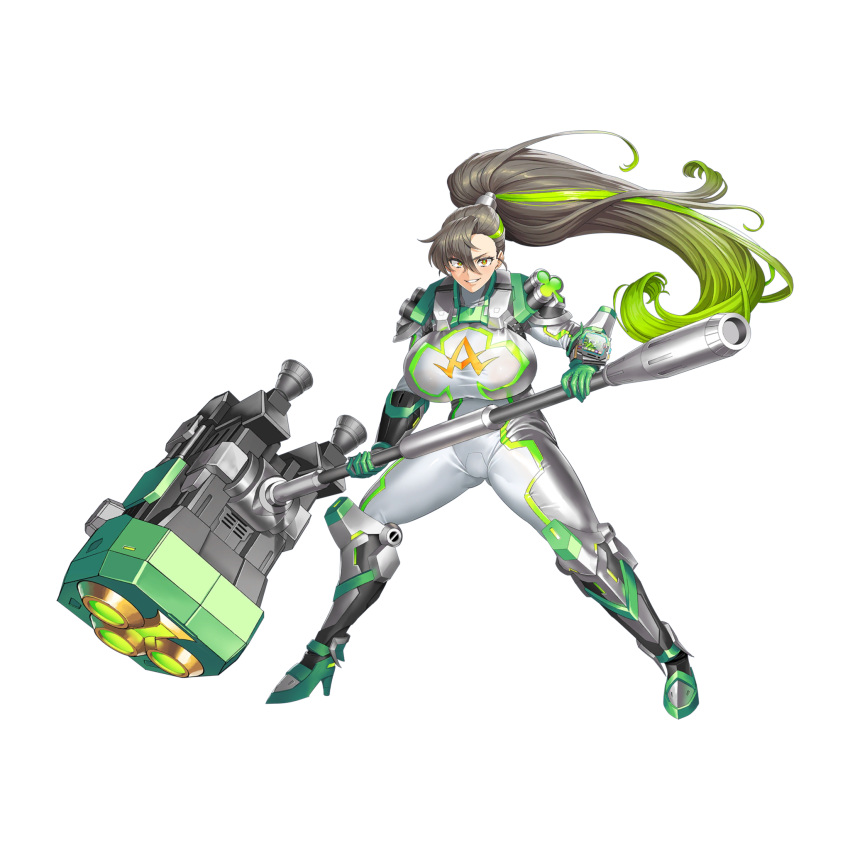 1girl arm_guards armor ass_visible_through_thighs bangs bodysuit boots breasts cameltoe clover clover_ace fighting_stance full_body game_cg gloves green_gloves green_hair grey_bodysuit grey_hair grin hair_between_eyes hair_ornament hammer high_heel_boots high_heels highres holding holding_hammer holding_weapon huge_breasts huge_weapon large_breasts last_origin legs_apart long_hair looking_at_viewer metal_boots monitor multicolored_hair obui official_art orange_eyes ponytail shoulder_armor simple_background smile solo streaked_hair transparent_background two-tone_hair weapon white_bodysuit