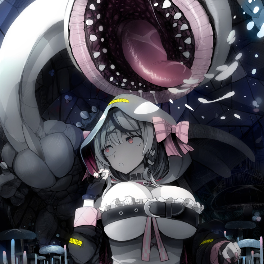 1girl beltbra bow braid breasts cave_interior collar fangs fingerless_gloves gloves grey_hair highres hololive hood huge_breasts khezu monster_hunter_(series) mushroom red_eyes red_nails sakamata_chloe saliva tranquillianusmajor virtual_youtuber