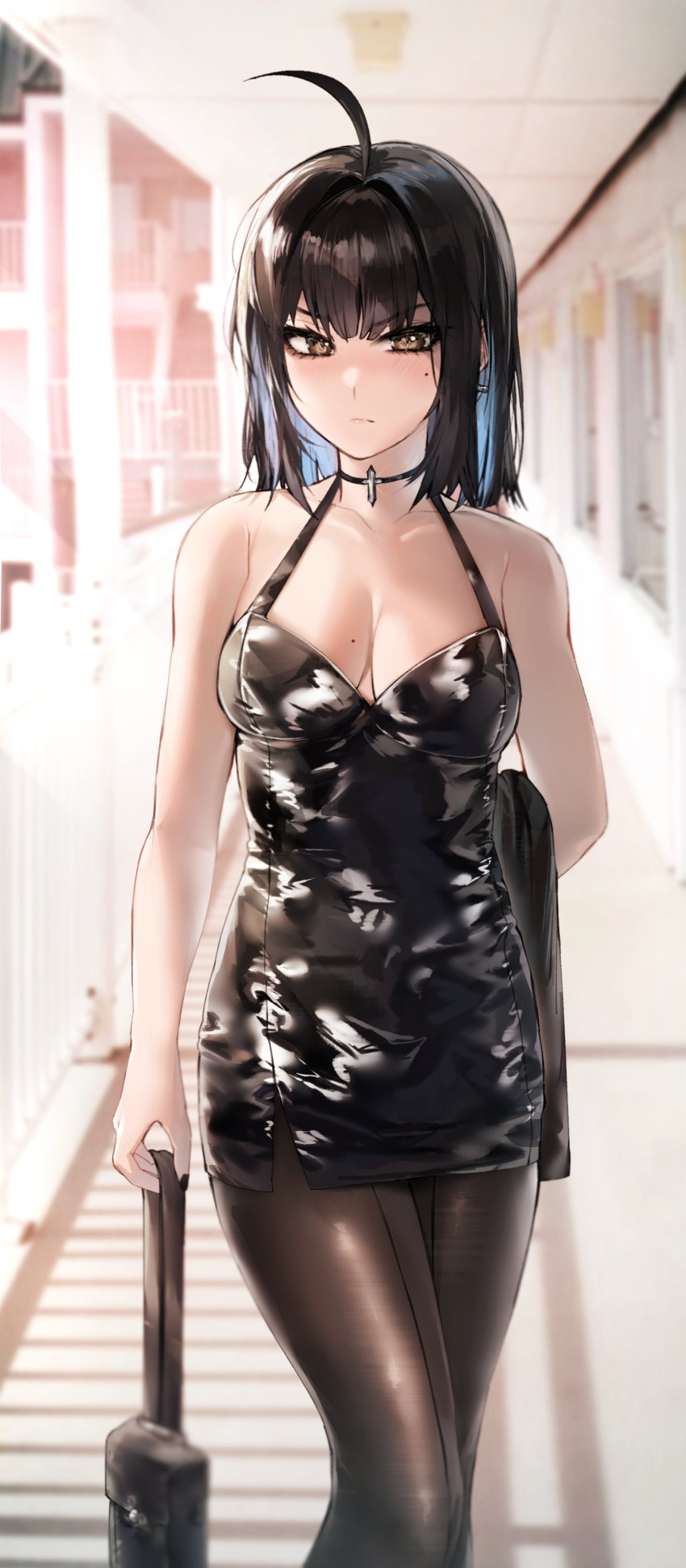1girl absurdres ahoge bare_shoulders black_dress black_hair blue_hair blush breasts brown_eyes choker cleavage closed_mouth collarbone colored_inner_hair cowboy_shot dress frown furrowed_brow halter_dress halterneck highres irene_(kanniiepan) kanniiepan luggage medium_breasts medium_hair mole mole_on_breast mole_under_eye multicolored_hair original pantyhose pencil_dress shiny shiny_clothes short_dress solo tsurime walking