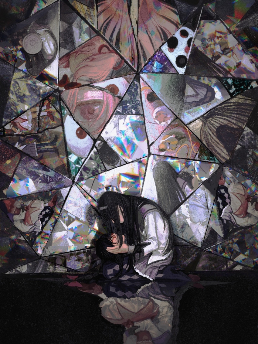 1girl akemi_homura argyle argyle_legwear bangs black_hair boots bow braid bubble_skirt chinese_commentary closed_eyes commentary_request covered_face crack different_reflection dress dual_persona from_side glasses grey_hairband hair_bow hairband highres holding_head hug hunched_over jacket kaname_madoka kyubey long_hair long_sleeves magical_girl mahou_shoujo_madoka_magica miaoyunyun pink_dress pink_eyes pink_hair purple_footwear purple_skirt red-framed_eyewear reflection reflective_floor seiza severed_head shards sitting skirt solo straight_hair thigh_boots twin_braids white_jacket white_skirt