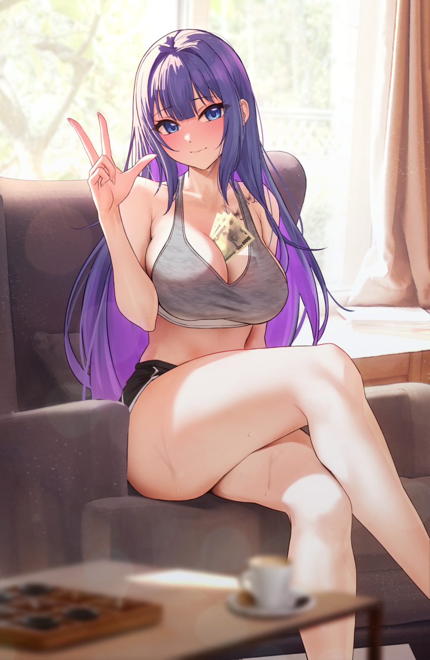 1girl bangs bare_legs bare_shoulders between_breasts black_shorts blue_eyes blunt_bangs blurry blurry_foreground blush borrowed_character bra breasts butterfly_tattoo cleavage closed_mouth collarbone colored_inner_hair couch crossed_legs grey_bra hair_intakes highres large_breasts long_hair looking_at_viewer midriff money multicolored_hair original purple_hair short_shorts shorts sidelocks sitting smile solar_(happymonk) solo sports_bra sweat tattoo underwear very_long_hair w window yuna_(biya_(1024))
