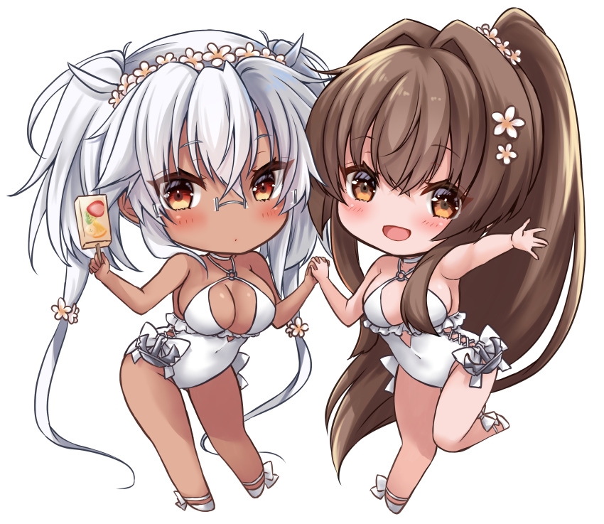 2girls absurdres breasts brown_eyes brown_hair casual_one-piece_swimsuit chibi choker cosplay covered_navel dark-skinned_female dark_skin flower food frilled_swimsuit frills grey-framed_eyewear hair_between_eyes hair_flower hair_ornament hairband highleg highleg_swimsuit highres kantai_collection large_breasts long_hair looking_at_viewer mashiro_yukiya multiple_girls musashi_(kancolle) one-piece_swimsuit ponytail popsicle rectangular_eyewear red_eyes sagiri_(kancolle) sagiri_(kancolle)_(cosplay) semi-rimless_eyewear side-tie_swimsuit simple_background swimsuit twintails waving white_background white_choker white_hair white_one-piece_swimsuit yamato_(kancolle)