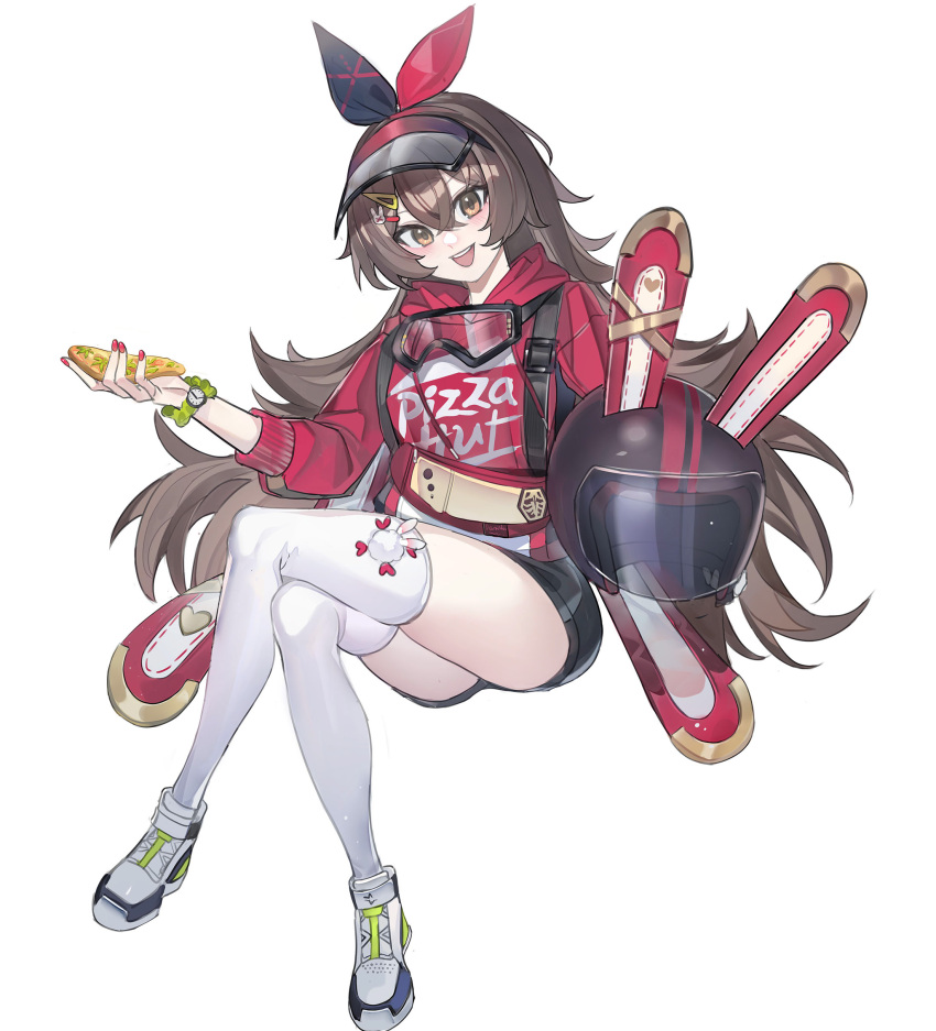 1girl :d absurdres amber_(genshin_impact) bangs black_shorts brown_eyes brown_hair clothes_writing crossed_legs echj food genshin_impact goggles goggles_around_neck hair_between_eyes hair_ribbon helmet highres holding holding_food hood hoodie long_hair long_sleeves looking_at_viewer motorcycle_helmet open_mouth pizza pizza_hut pizza_slice red_hoodie ribbon shoes short_shorts shorts simple_background sitting smile solo thighhighs thighs very_long_hair visor_cap white_background white_footwear white_thighhighs