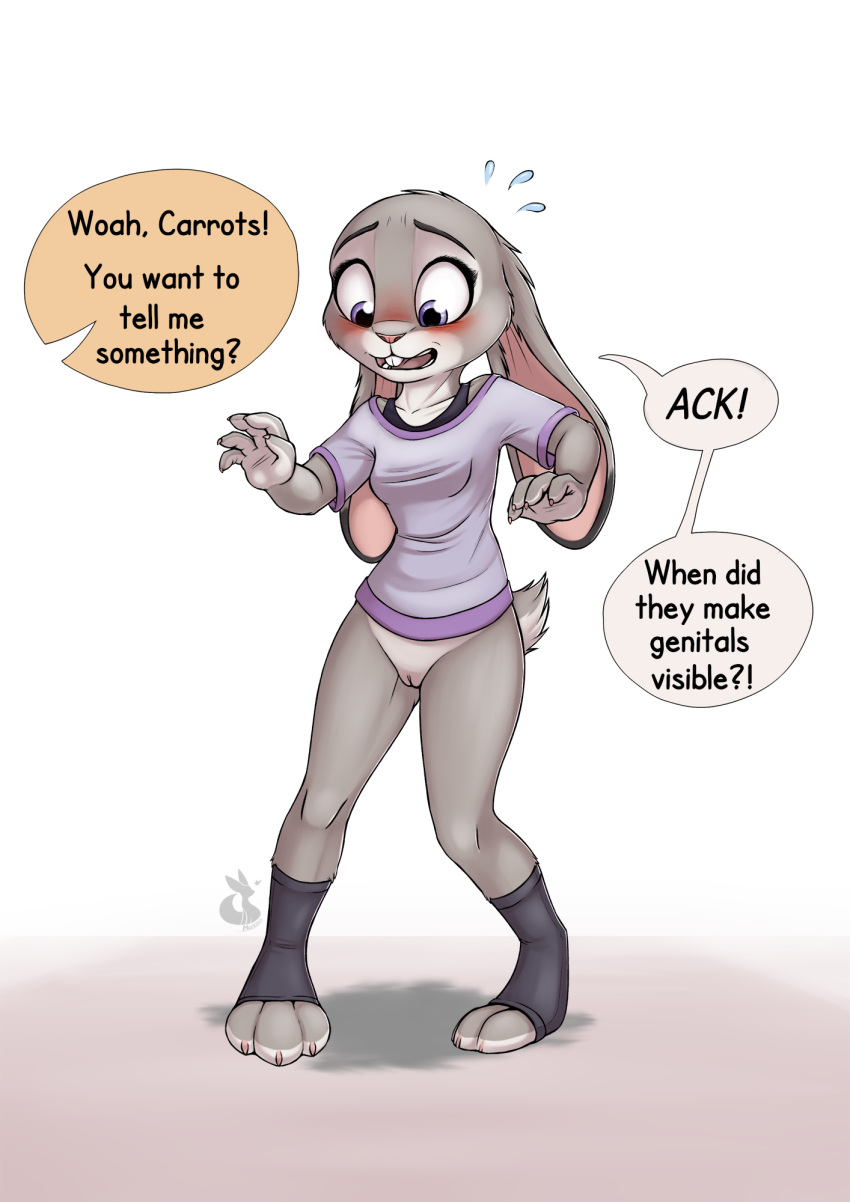 accidental_exposure accidental_nudity anthro blush bottomless breasts clothed clothing digital_media_(artwork) disney embarrassed embarrassed_nude_female english_text exposed female fur genitals hi_res judy_hopps lagomorph leporid mammal mancoin nude open_mouth partially_clothed pussy rabbit shy simple_background small_breasts solo text topwear vaginal wardrobe_malfunction zootopia