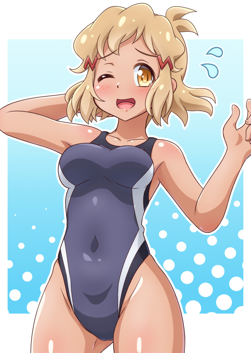 1girl blue_eyes breasts brown_eyes brown_hair commentary_request competition_swimsuit covered_navel cowboy_shot flying_sweatdrops grey_one-piece_swimsuit highleg highleg_swimsuit highres looking_at_viewer medium_breasts one-piece_swimsuit open_mouth senki_zesshou_symphogear short_hair solo swimsuit tachibana_hibiki_(symphogear) tan yosuzu