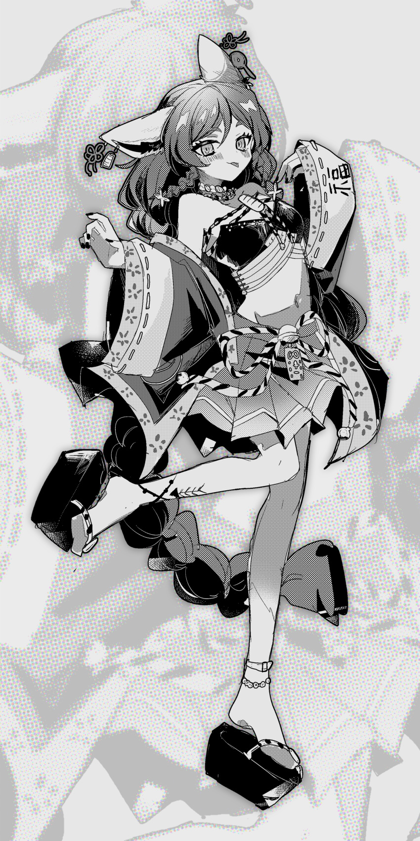 1girl :3 absurdly_long_hair absurdres animal_ear_fluff animal_ears bangs bell braid cat_ears cat_girl ear_piercing fish_skeleton fish_skeleton_print fjsk full_body highres japanese_clothes jewelry jingle_bell key long_braid long_hair long_sleeves looking_at_viewer monochrome necklace okobo omocat_(character) original piercing pleated_skirt ribbon-trimmed_sleeves ribbon_trim side_braid skirt solo tongue tongue_out very_long_hair wide_sleeves