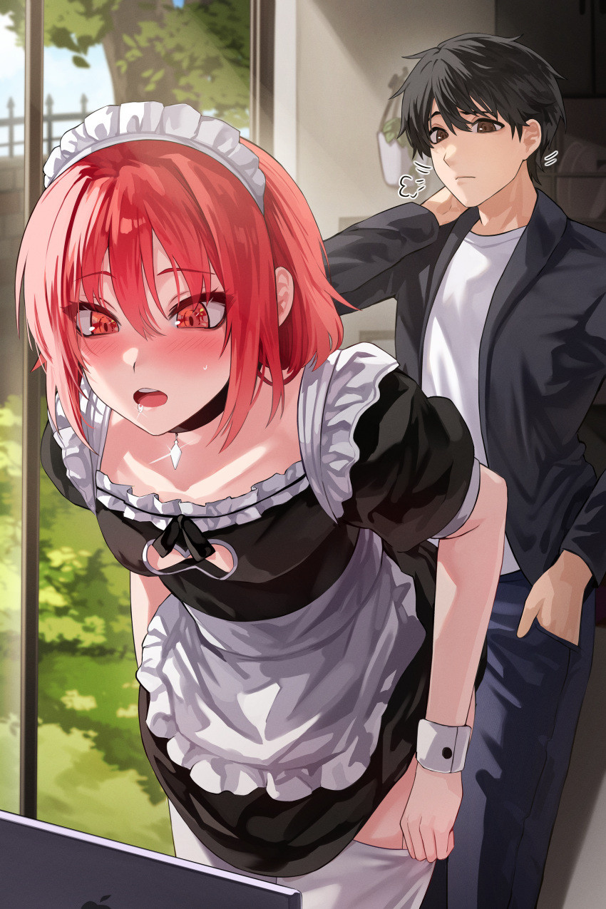 1boy 1girl absurdres apple_inc. apron black_choker black_hair black_jacket blush breasts brown_eyes choker cleavage_cutout clothing_cutout collarbone embarrassed hand_in_pocket highres jacket ldl_(bcw1025) leaning_forward maid maid_apron maid_headdress open_mouth original puffy_short_sleeves puffy_sleeves pulled_by_self red_eyes red_hair saliva shirt short_hair short_sleeves small_breasts thighhighs thighhighs_pull undressing white_shirt white_thighhighs wrist_cuffs