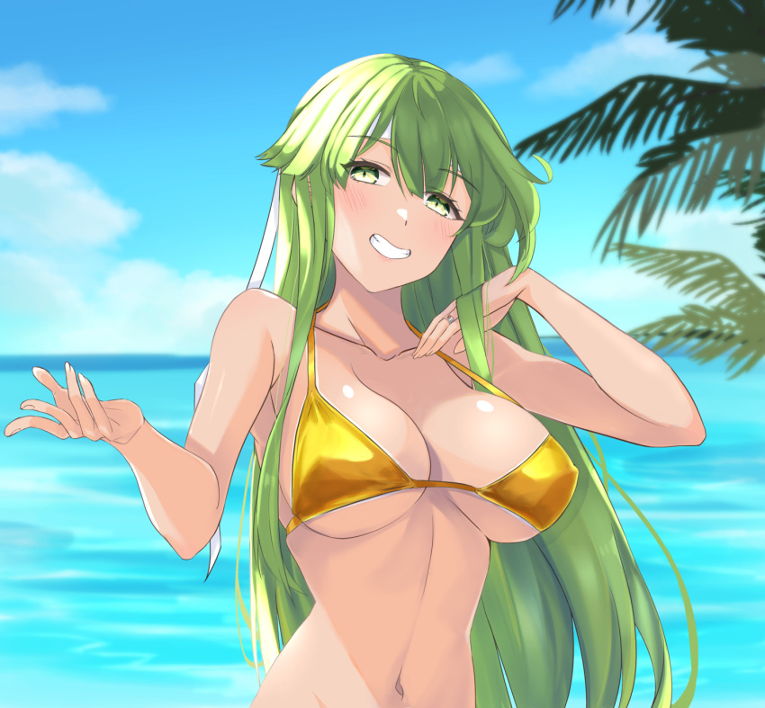 1girl bangs bare_arms bare_shoulders bikini blue_sky blush breasts chuu_(rinet) cloud collarbone commentary_request day fire_emblem fire_emblem:_shadow_dragon_and_the_blade_of_light green_eyes green_hair grin hands_up highres jewelry large_breasts long_hair looking_at_viewer navel ocean outdoors palla_(fire_emblem) ring sky smile solo stomach swimsuit tan upper_body very_long_hair water yellow_bikini