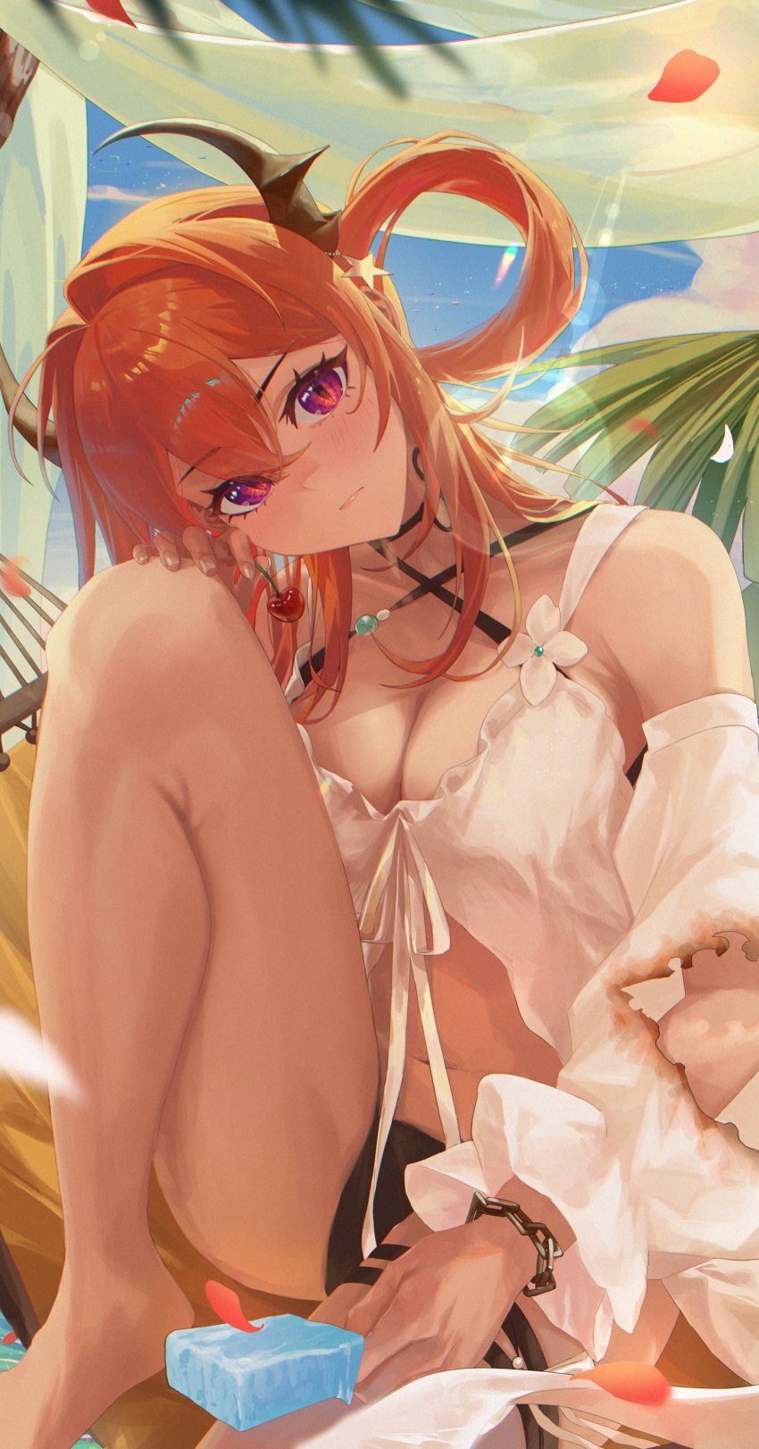 1girl absurdres arknights bangs bare_legs bare_shoulders barefoot bikini black_bikini bracelet breasts burnt_clothes cleavage closed_mouth criss-cross_halter detached_sleeves food hair_ornament hair_rings halterneck hammock hand_on_own_knee highres holding holding_food horns jewelry knee_up large_breasts long_hair long_sleeves looking_at_viewer monge_baby navel official_alternate_costume pink_eyes popsicle red_hair sitting solo star_(symbol) star_hair_ornament surtr_(arknights) surtr_(colorful_wonderland)_(arknights) swimsuit swimsuit_cover-up thigh_strap