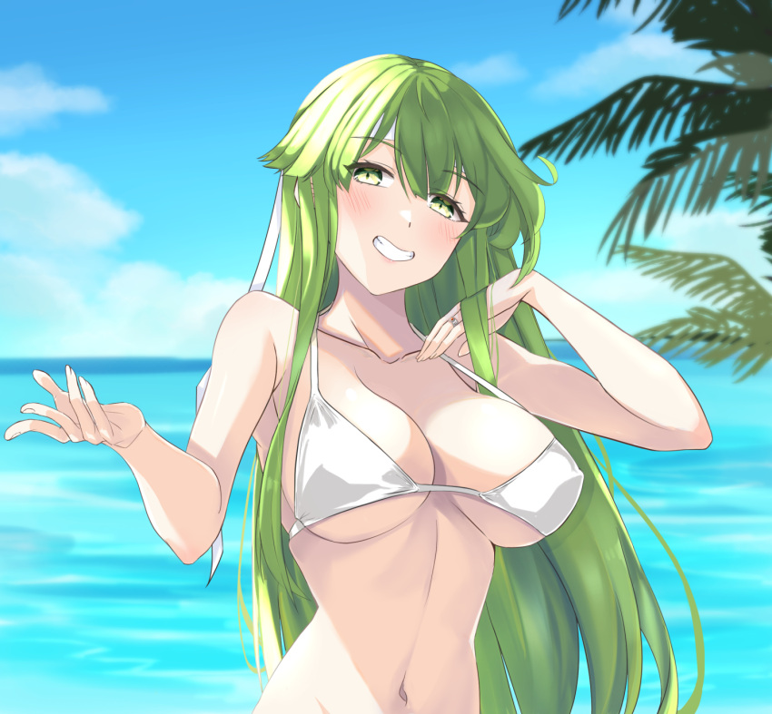 1girl bangs bare_arms bare_shoulders bikini blue_sky blush breasts chuu_(rinet) cloud collarbone commentary_request day fire_emblem fire_emblem:_shadow_dragon_and_the_blade_of_light green_eyes green_hair grin hands_up highres jewelry large_breasts long_hair looking_at_viewer navel ocean outdoors palla_(fire_emblem) ring sky smile solo stomach swimsuit upper_body very_long_hair water white_bikini