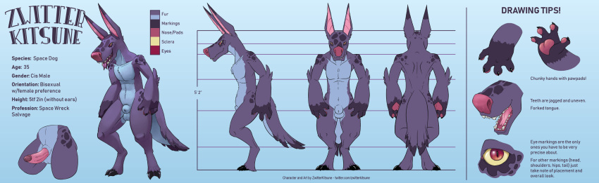 absurd_res animal_genitalia balls canid canine erection fangs genitals hi_res long_ears male mammal model_sheet penis red_eyes sharp_teeth sheath solo space_dog teeth yellow_sclera zwitterkitsune zwitterkitsune_(character)