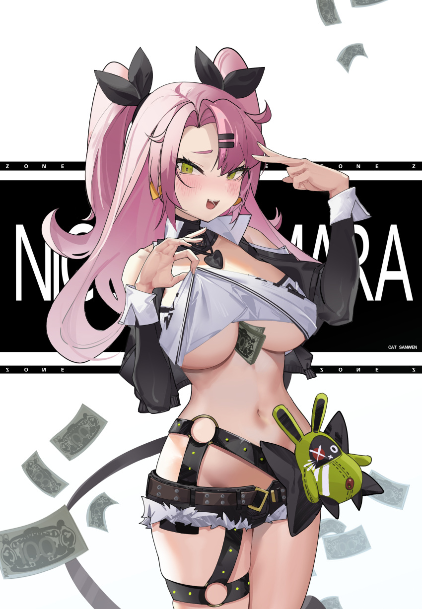 1girl absurdres bills bow breasts character_name commentary_request crop_top green_eyes hair_bow heart highres large_breasts long_hair looking_at_viewer mole mole_on_breast mole_under_eye money nicole_demara pink_hair short_shorts shorts shulanshu solo thighhighs twintails zenless_zone_zero