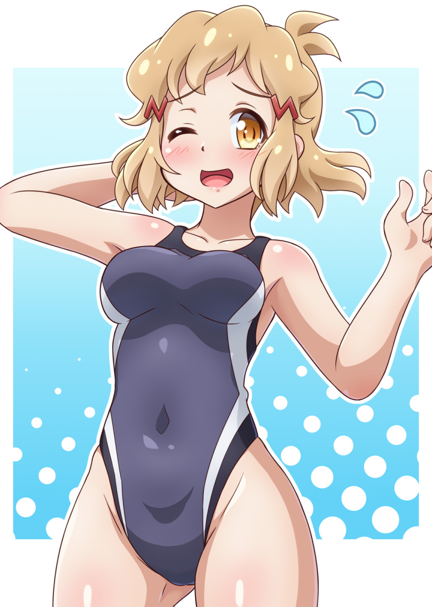 1girl blue_eyes breasts brown_eyes brown_hair commentary_request competition_swimsuit covered_navel cowboy_shot flying_sweatdrops grey_one-piece_swimsuit highleg highleg_swimsuit highres looking_at_viewer medium_breasts one-piece_swimsuit open_mouth senki_zesshou_symphogear short_hair solo swimsuit tachibana_hibiki_(symphogear) yosuzu