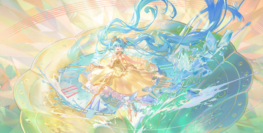 1girl absurdly_long_hair ahoge atdan bare_arms bare_shoulders blue_eyes blue_hair breasts clock detached_collar dress flower hair_flower hair_ornament hand_on_own_chest hatsune_miku high_heels highres ice layered_dress long_hair looking_at_viewer medium_breasts petticoat roman_numeral rose shoes solo strapless strapless_dress very_long_hair vocaloid water wide_shot yellow_dress yellow_flower yellow_footwear yellow_rose