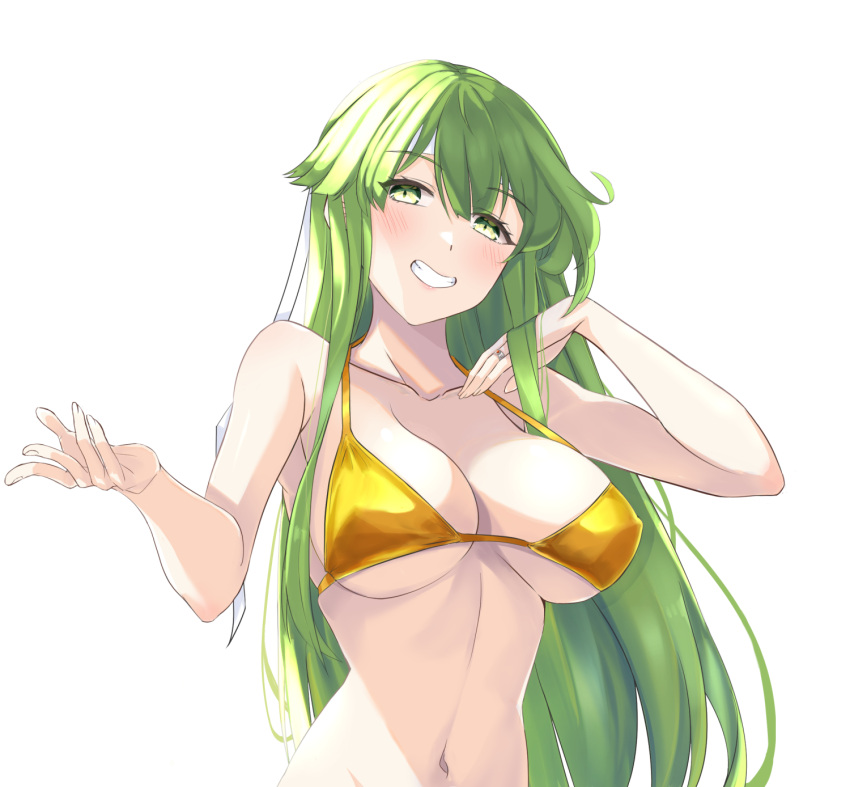 1girl alternate_costume bangs bare_arms bare_shoulders bikini blush breasts chuu_(rinet) collarbone commentary_request fire_emblem fire_emblem:_shadow_dragon_and_the_blade_of_light green_eyes green_hair grin hands_up highres jewelry large_breasts long_hair looking_at_viewer navel palla_(fire_emblem) reaching_out ring sideboob simple_background smile solo stomach swimsuit underboob upper_body very_long_hair white_background yellow_bikini