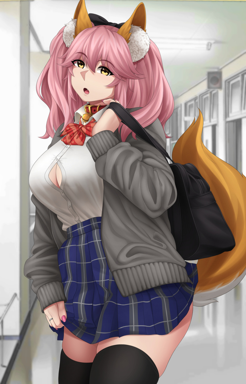 1girl animal_ear_fluff animal_ears bag bangs bell black_thighhighs blue_skirt bow bowtie breasts cardigan collar collared_shirt dress_shirt fate/extra fate_(series) fox_ears fox_girl fox_tail grey_sweater hair_between_eyes hair_bow highres jingle_bell large_breasts long_hair long_sleeves looking_at_viewer open_cardigan open_clothes open_mouth pink_hair plaid plaid_skirt school_bag school_uniform shirt sidelocks skirt sockinajar solo sweater tail tamamo_(fate) tamamo_no_mae_(fate/extra) thighhighs thighs twintails white_shirt yellow_eyes