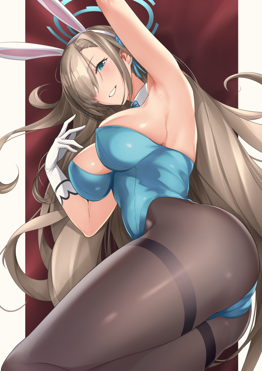 1girl :d absurdres animal_ears arm_up armpits asuna_(blue_archive) asuna_(bunny)_(blue_archive) bangs black_pantyhose blonde_hair blue_archive blue_bow blue_bowtie blue_eyes blue_leotard blue_ribbon bow bowtie breasts cleavage commentary_request detached_collar fake_animal_ears forehead gloves hair_over_one_eye hair_ribbon halo highleg highleg_leotard highres knees_out_of_frame large_breasts legs_together leotard long_bangs long_hair looking_at_viewer mr2d official_alternate_costume open_mouth pantyhose playboy_bunny ribbon shiny shiny_clothes sideboob simple_background smile solo strapless strapless_leotard teeth thighs two-tone_background underboob very_long_hair white_gloves