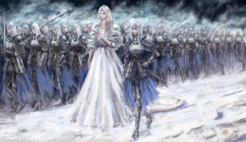 2girls 6+others absurdres armor army azure_meraki blonde_hair blue_eyes character_request closed_mouth cloud cloudy_sky company_captain_yorshka dark_souls_(series) dark_souls_iii dress hand_up highres holding holding_sword holding_weapon long_hair multiple_girls multiple_others pauldrons shoulder_armor sky sword tall_female tiara veil waist_cape walking weapon white_dress