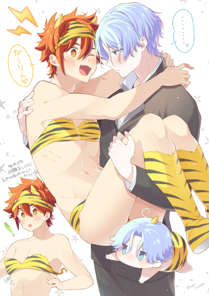 2boys ;d animal_print ass bikini blue_eyes blue_hair blush boots carrying cosplay fang gakuran hasegawa_langa headband highres horns kyan_reki lum lum_(cosplay) male_focus moroboshi_ataru moroboshi_ataru_(cosplay) multiple_boys one_eye_closed partially_translated princess_carry red_hair school_uniform sk8_the_infinity smile swimsuit ten_(urusei_yatsura) ten_(urusei_yatsura)_(cosplay) tiger_print translation_request uppi urusei_yatsura yaoi yellow_eyes