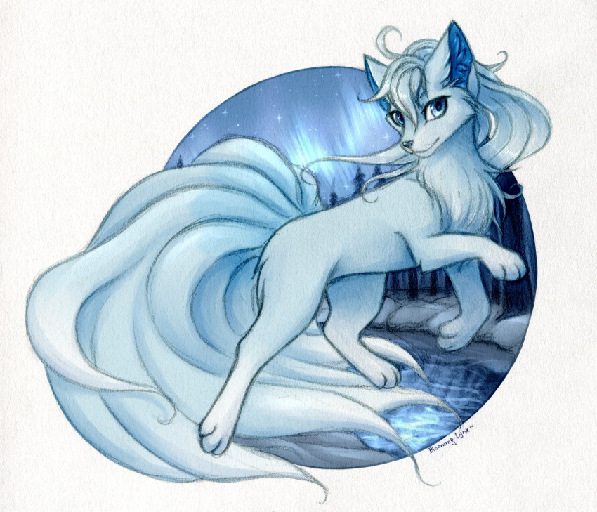 bloominglynx blue_eyes blue_hair blue_inner_ear blue_inner_ear_fluff blue_tail canid cheek_tuft chest_tuft eyelashes facial_tuft female feral glistening glistening_eyes hair hi_res inner_ear_fluff looking_at_viewer mammal side_view signature sky snow star tuft