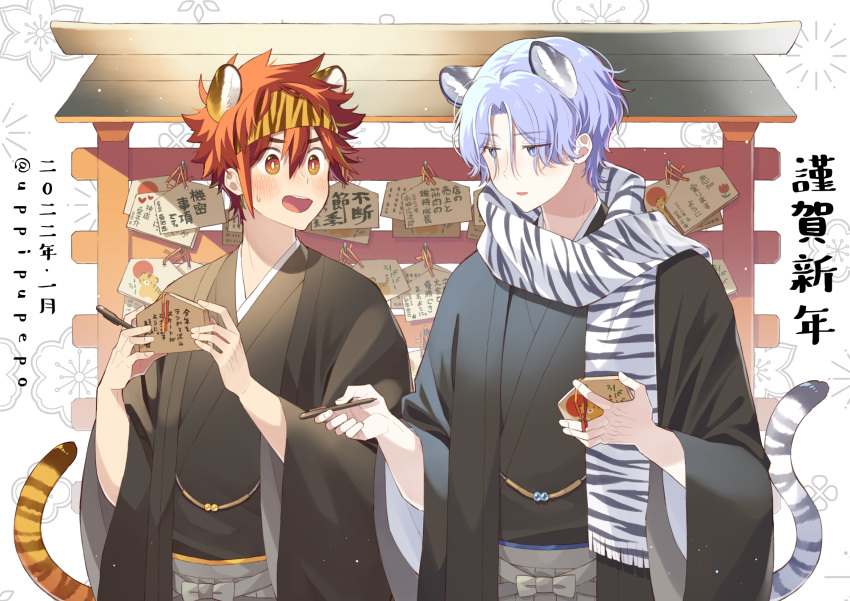 2boys :d animal_ears animal_print blue_eyes blue_hair chinese_zodiac commentary hasegawa_langa headband highres japanese_clothes kemonomimi_mode kyan_reki male_focus multiple_boys new_year pen red_hair scarf sk8_the_infinity smile tail tiger_ears tiger_print tiger_tail translated twitter_username uppi year_of_the_tiger yellow_eyes