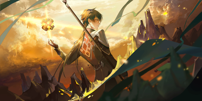 1boy absurdres bangs black_gloves black_hair cloud cloudy_sky earrings explosion fire formal from_behind genshin_impact gloves hair_between_eyes highres jacket jewelry leaf long_hair long_sleeves looking_to_the_side minty0 polearm ponytail profile sky weapon yellow_eyes zhongli_(genshin_impact)