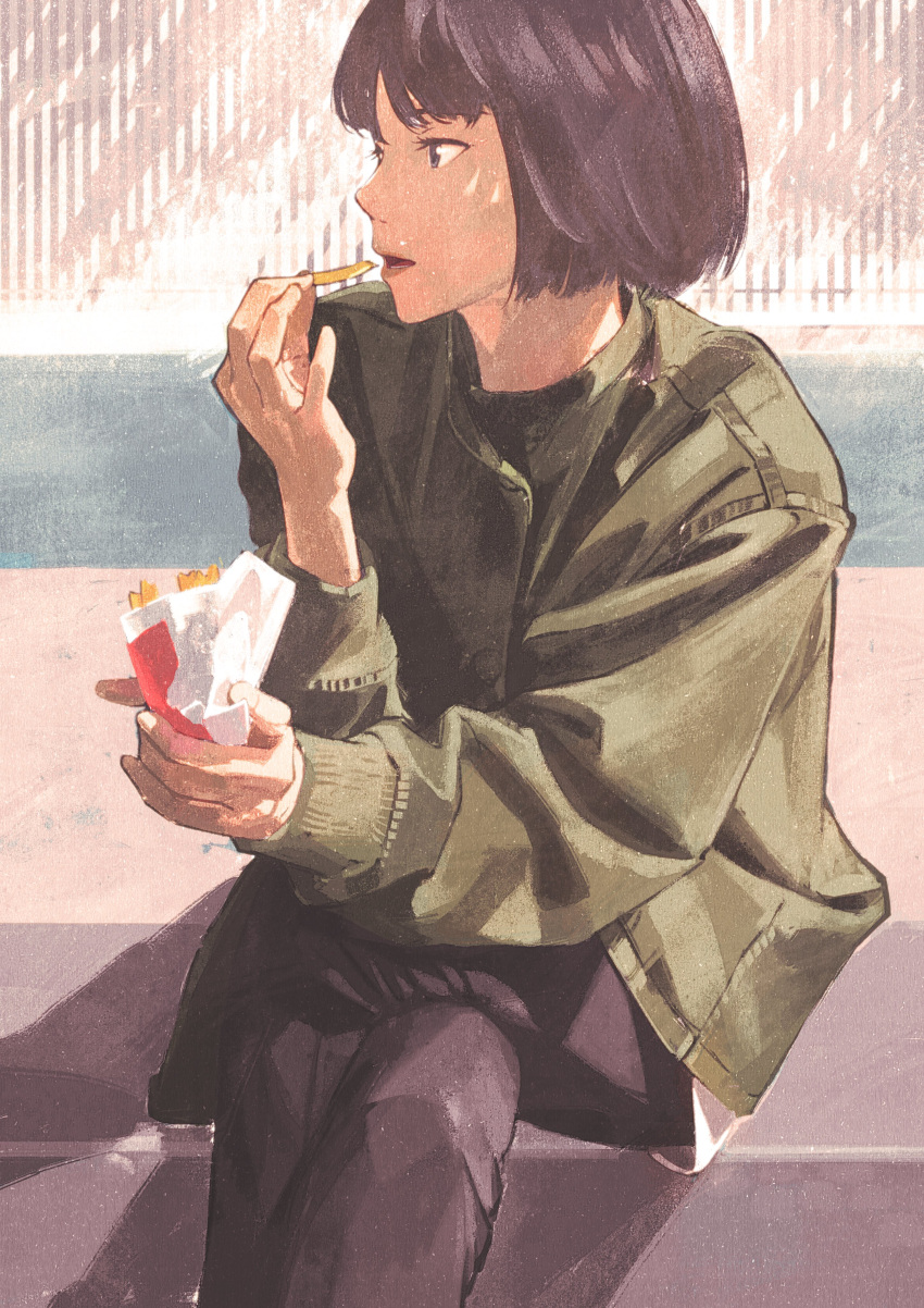 1girl absurdres black_eyes black_hair black_pants commentary_request eating food french_fries gemi green_jacket highres holding holding_food jacket long_sleeves original outdoors pants short_hair sitting solo