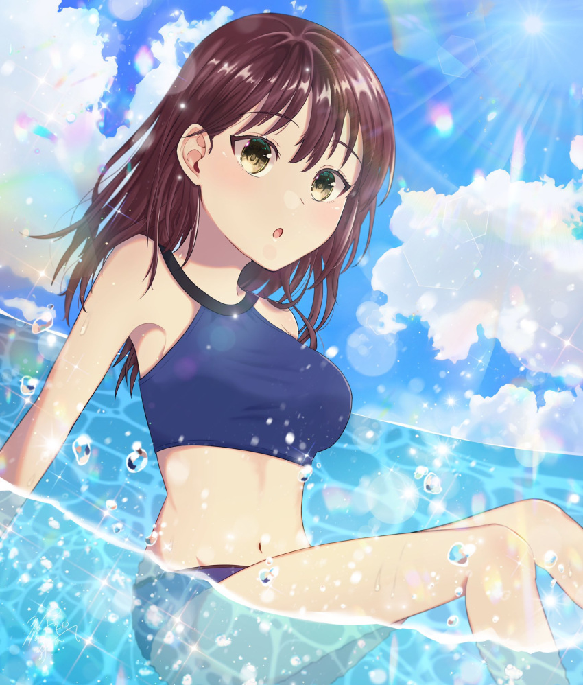 1girl bare_shoulders bikini bikini_shorts blue_bikini blue_sky breasts brown_eyes brown_hair cloud dutch_angle eleonore_giovanna_gassion highres long_hair luminous_witches medium_breasts navel open_mouth partially_submerged shorts sitting sky solo splashing sunlight swimsuit tsuzuki_sayaka water water_drop world_witches_series