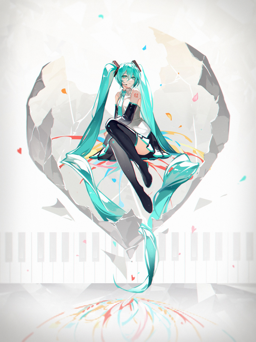 1girl absurdres aqua_eyes aqua_hair aqua_necktie bare_shoulders black_footwear black_skirt boots cracked_shell detached_sleeves full_body hatsune_miku headset highres kazenemuri long_hair long_sleeves looking_at_viewer necktie number_tattoo parted_lips petals piano_keys pleated_skirt shirt shoulder_tattoo simple_background sitting skirt solo tattoo thigh_boots twintails very_long_hair vocaloid white_background white_shirt