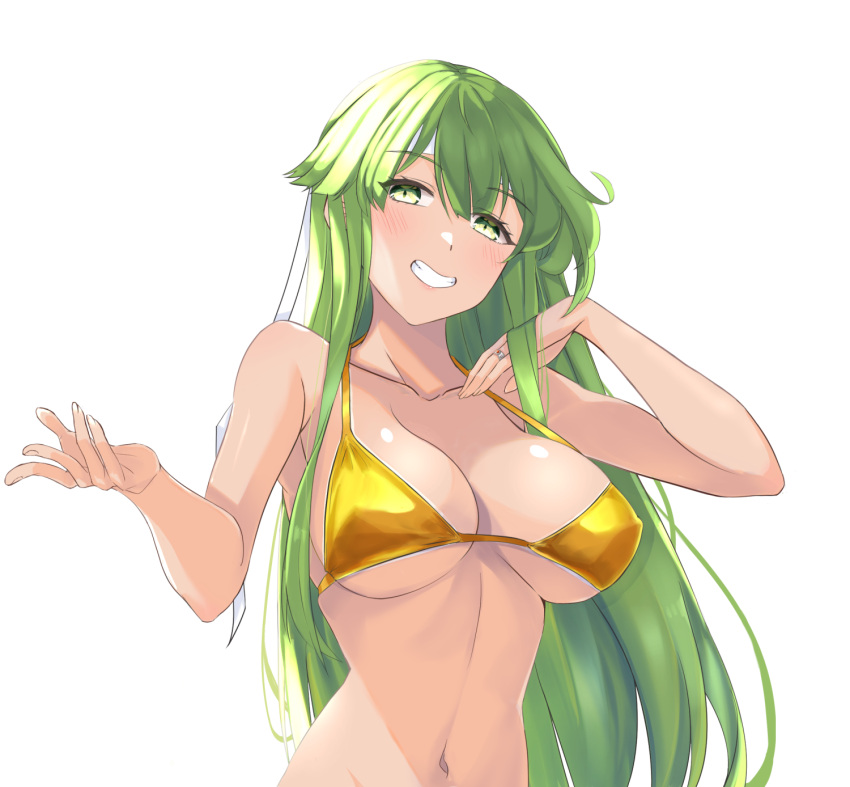 1girl bangs bare_arms bare_shoulders bikini blush breasts chuu_(rinet) collarbone commentary_request fire_emblem fire_emblem:_shadow_dragon_and_the_blade_of_light green_eyes green_hair grin hands_up highres jewelry large_breasts long_hair looking_at_viewer navel palla_(fire_emblem) ring simple_background smile solo stomach swimsuit tan upper_body very_long_hair white_background yellow_bikini