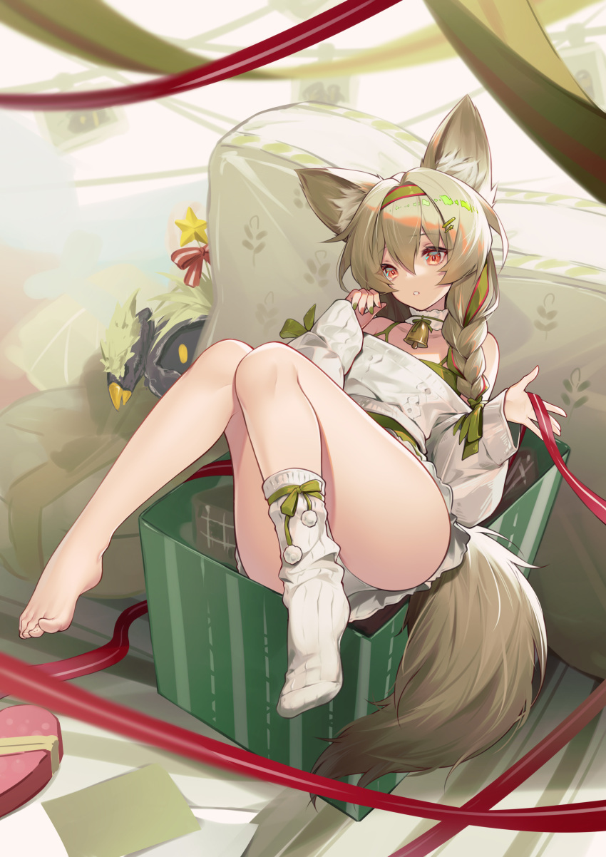 1girl absurdres animal_ear_fluff arknights bangs barefoot beanstalk_(arknights) beanstalk_(gift_uncompleted)_(arknights) bell box brown_hair full_body green_hairband green_nails green_ribbon hair_between_eyes hair_ribbon hairband highres hyena_ears hyena_girl hyena_tail jiusan_naitan knees_together_feet_apart long_hair long_sleeves multicolored_nails nail_polish neck_bell no_shoes off-shoulder_sweater off_shoulder official_alternate_costume parted_lips red_eyes red_nails ribbon ribbon_braid single_sock socks solo sweater white_socks white_sweater