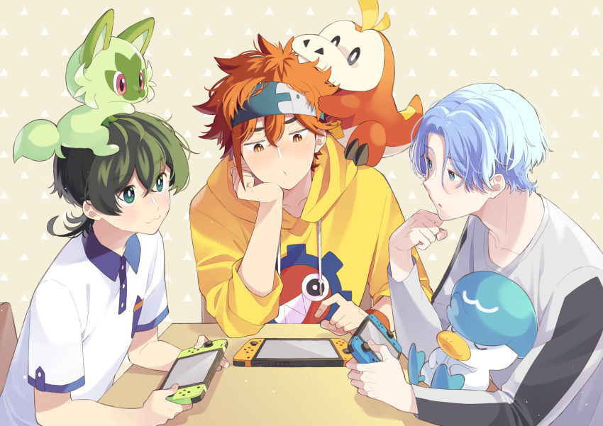 3boys 3others animal animal_on_head blue_eyes blue_hair fuecoco green_eyes green_hair grey_shirt hasegawa_langa headband highres hood hoodie kyan_reki long_sleeves male_focus miya_(sk8) multiple_boys multiple_others nintendo_switch on_head orange_eyes pokemon quaxly red_hair shirt short_hair sk8_the_infinity sprigatito uppi white_shirt yellow_hoodie