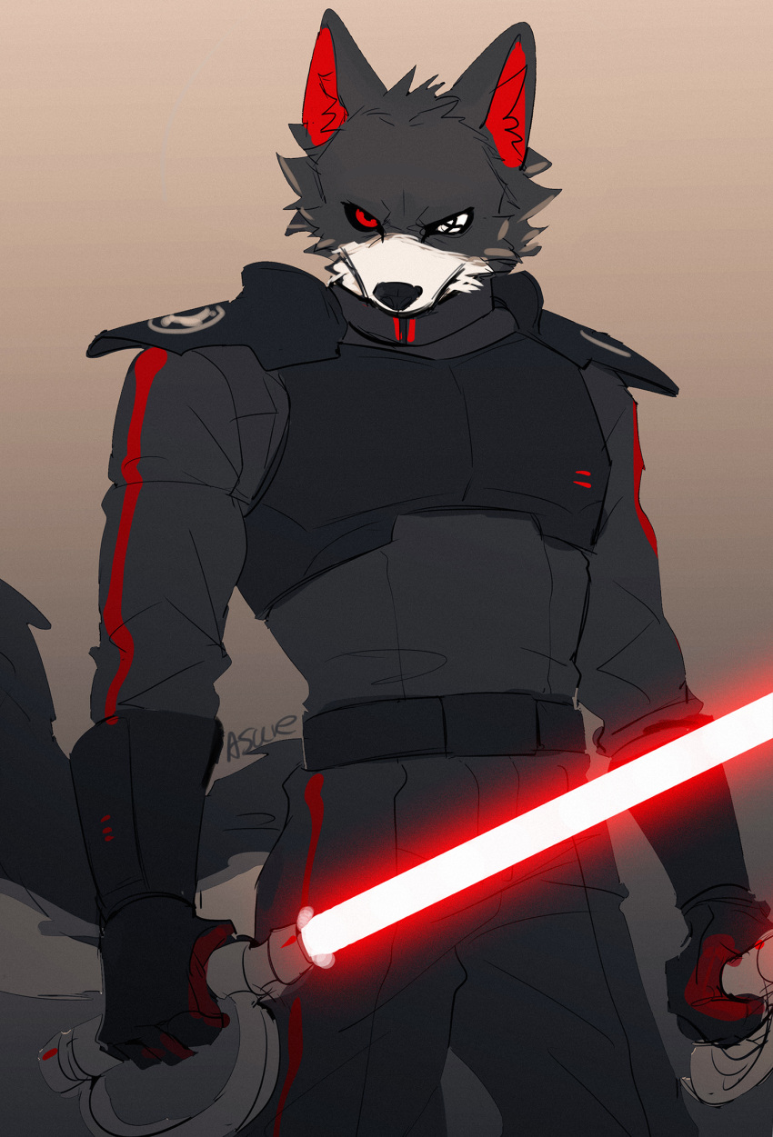 anthro anthrofied asure_f canid canine canis fan_character hi_res lightsaber looking_at_viewer male mammal melee_weapon red_lightsaber sith_inquisitor solo star_wars weapon wolf