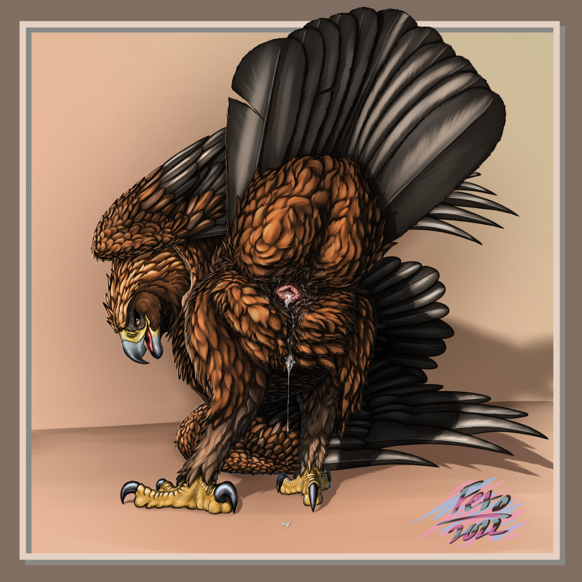 2022 absurd_res accipitrid accipitriform ambiguous_gender anatomically_correct animal_genitalia avian bedroom_eyes bird bodily_fluids butt cloaca cum eagle feathers feral ferobird genital_fluids genitals golden_eagle hi_res looking_at_viewer looking_back male_(lore) narrowed_eyes pinup playful pose raised_tail rear_view sawyer_(ferobird) seductive solo tail_feathers true_eagle