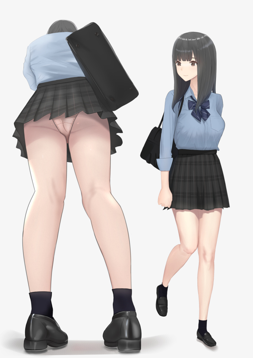 1girl bag bangs black_eyes black_footwear black_hair black_skirt black_socks blue_bow blue_bowtie blue_shirt blunt_bangs bow bowtie breast_pocket breasts clenched_hand collared_shirt from_below full_body highres hin0428 light_blush long_hair looking_to_the_side mary_janes medium_breasts original panties pink_panties plaid plaid_skirt pleated_skirt pocket school_bag school_uniform shirt shirt_tucked_in shoes simple_background skirt smile socks striped striped_bow striped_bowtie underwear upskirt white_background