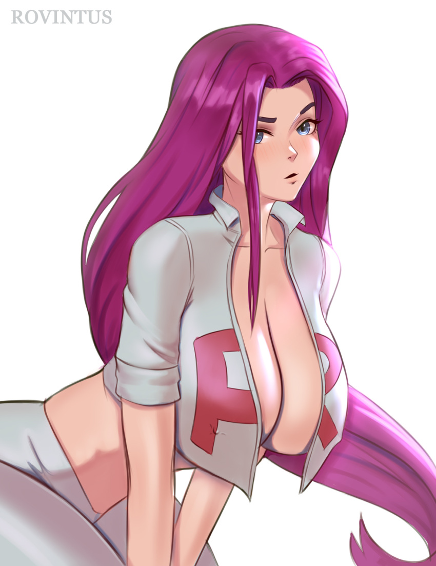 1girl blue_eyes breasts highres jessie_(pokemon) large_breasts looking_at_viewer open_clothes pokemon pokemon_(anime) pokemon_(classic_anime) purple_hair rovintus simple_background single_letter solo team_rocket team_rocket_uniform white_background
