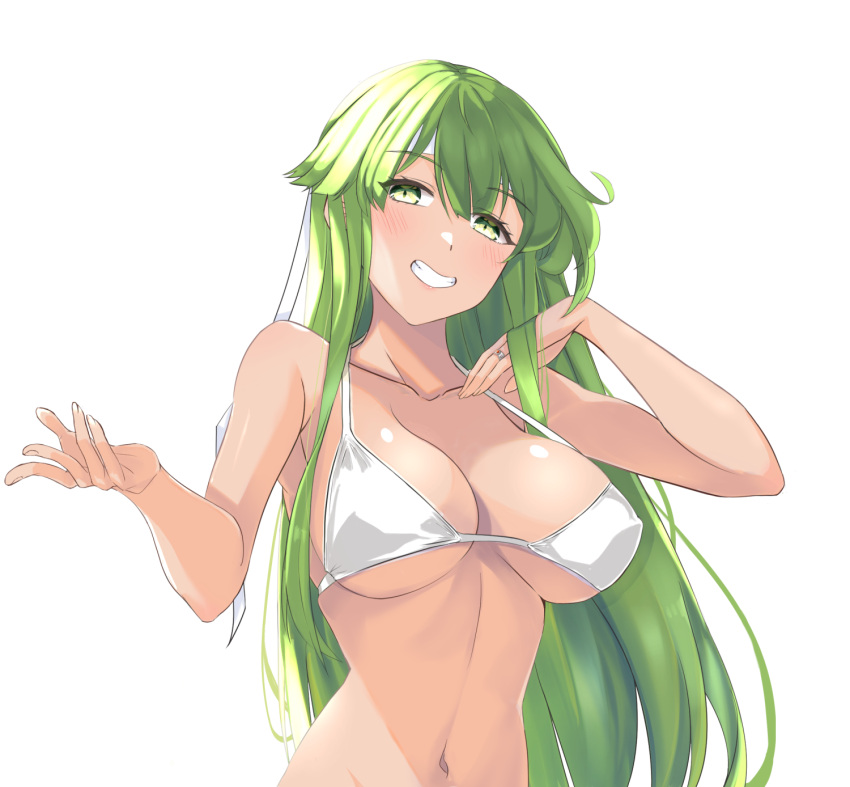 1girl bangs bare_arms bare_shoulders bikini blush breasts chuu_(rinet) collarbone commentary_request fire_emblem fire_emblem:_shadow_dragon_and_the_blade_of_light green_eyes green_hair grin hands_up highres jewelry large_breasts long_hair looking_at_viewer navel palla_(fire_emblem) ring simple_background smile solo stomach swimsuit tan upper_body very_long_hair white_background white_bikini
