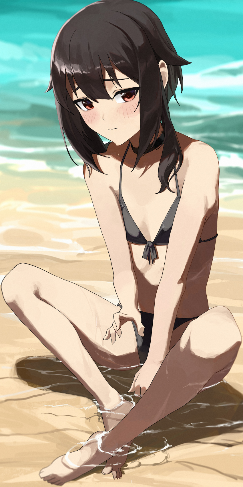 1girl absurdres bangs barefoot beach between_legs bikini black_bikini black_choker blush brown_eyes brown_hair chiisamekai choker closed_mouth commentary embarrassed front-tie_top hand_between_legs highres indian_style kono_subarashii_sekai_ni_shukufuku_wo! looking_at_viewer megumin ocean outdoors partially_immersed raised_eyebrows sand short_hair short_hair_with_long_locks sitting solo swimsuit water wavy_mouth