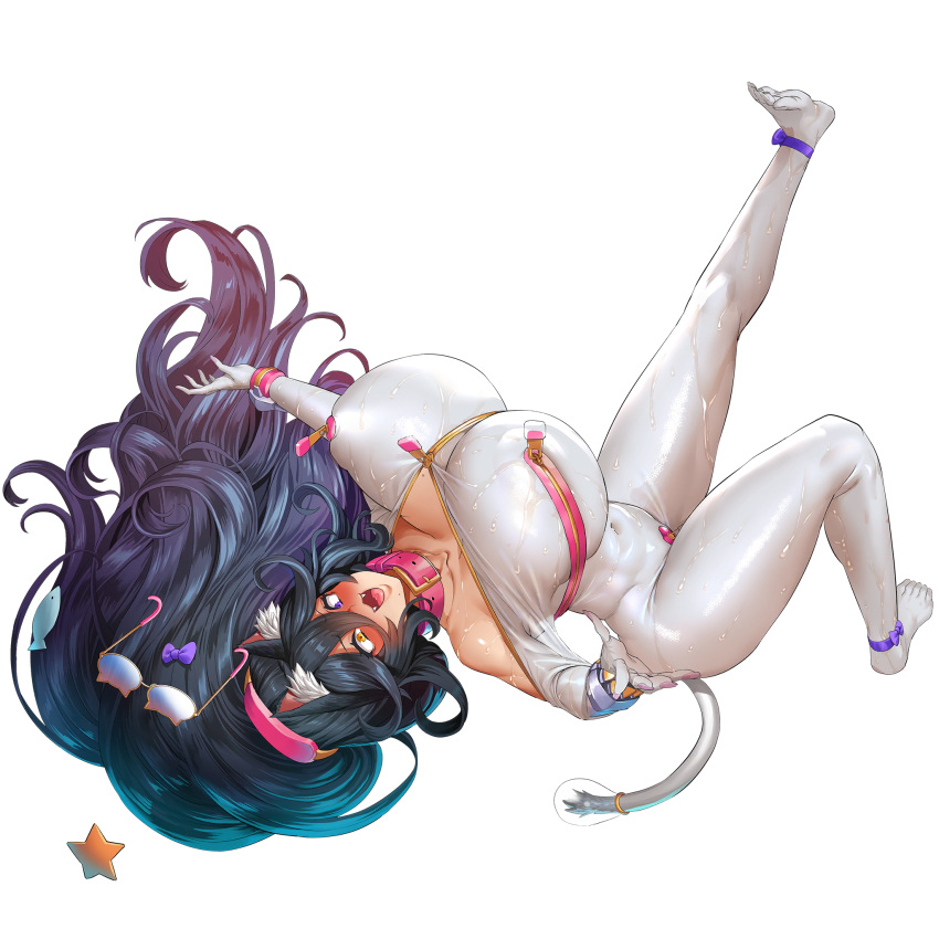 1girl :3 accident animal_ear_fluff animal_ears ankleband armlet bangs black_hair blunt_bangs blush bodysuit breast_zipper breasts cat_ears cat_tail center_opening collar collarbone covered_nipples crotch_zipper eyewear_removed fangs faux_figurine fish_hair_ornament full_body hair_between_eyes hair_ornament hair_ornament_removed hair_ribbon heterochromia high_ponytail highres huge_breasts last_origin long_hair nail_polish navel obui official_alternate_costume official_art open_mouth perrault_(last_origin) pink_collar pink_nails poi_(last_origin) purple_eyes purple_ribbon ribbon see-through_bodysuit sexually_suggestive skindentation slipping star_(symbol) star_hair_ornament tail thick_thighs thighs transparent_background tripping wet wet_clothes white_bodysuit yellow_eyes zipper