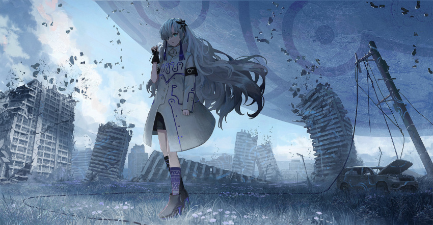 1girl apocalypse asymmetrical_footwear asymmetrical_sleeves boots cable car cevio cloud crumbling day floating flower full_body grass ground_vehicle hair_over_one_eye heel_up highres holding holding_flower im_catfood kamitsubaki_studio layered_sleeves long_hair long_sleeves motor_vehicle purple_hair sekai_(cevio) short_over_long_sleeves short_sleeves single_boot smile standing utility_pole very_long_hair white_hair zipper_pull_tab