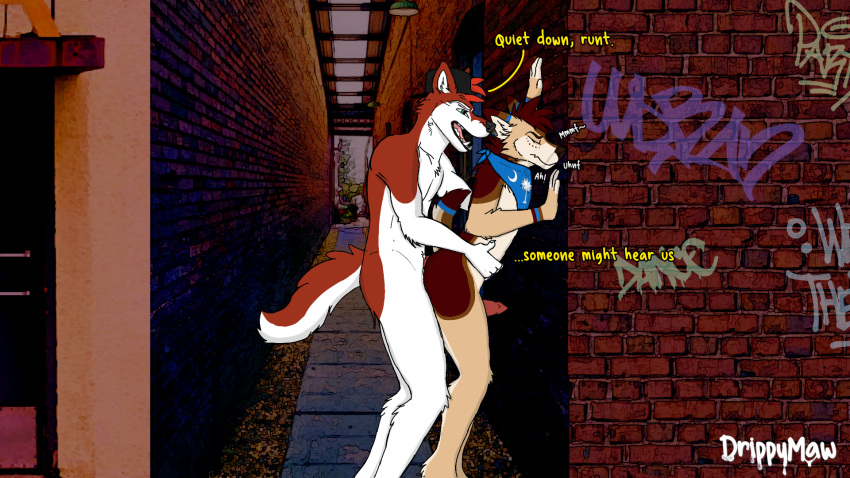 against_surface against_wall alley animal_genitalia animal_penis anthro balls_deep bandanna canid canine canine_penis canis chawhat_(character) clothing degradation domestic_dog drippymaw duo eyes_closed fox genitals grabbing_from_behind graffiti hat headgear headwear hi_res hip_grab husky kerchief male male/male mammal nordic_sled_dog onomatopoeia open_mouth penetration penis raised_tail shaded side_view sound_effects spitz text vermillion_(drippymaw)