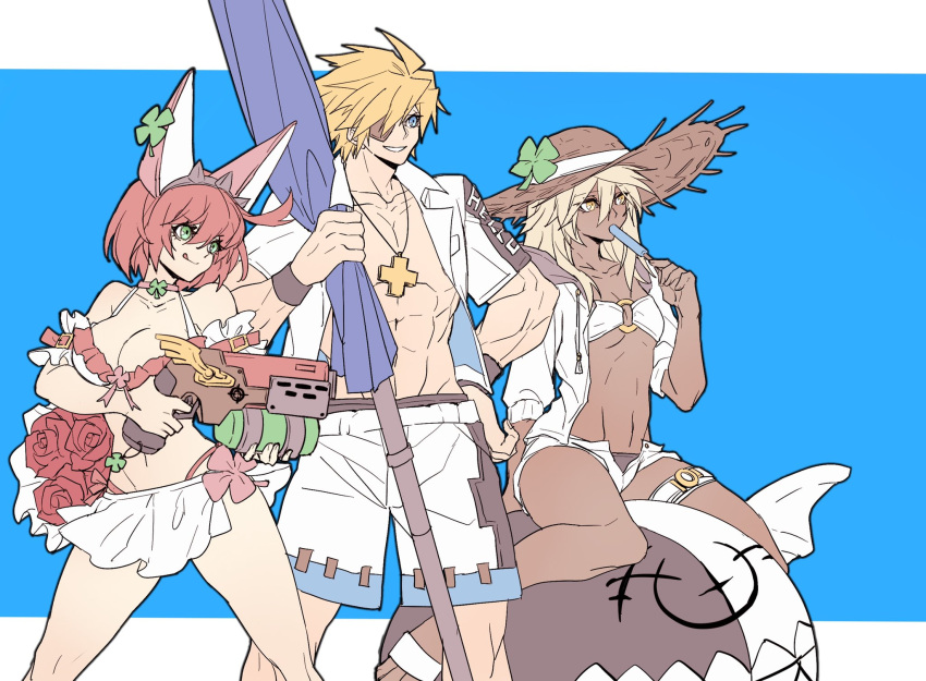 1boy 2girls abs ahoge animal_ears bikini blonde_hair blue_background blue_eyes border breasts choker cleavage clover collarbone cross cross_necklace dark-skinned_female dark_skin dong_hole elphelt_valentine eyepatch fake_animal_ears flower food four-leaf_clover green_eyes guilty_gear guilty_gear_xrd gun hair_between_eyes handgun hat highres holding holding_gun holding_umbrella holding_weapon jewelry large_breasts lucifero midriff multiple_girls muscular muscular_male navel necklace o-ring o-ring_top pectorals pink_hair popsicle ramlethal_valentine rose shorts sin_kiske small_breasts smile stomach sun_hat swimsuit thigh_strap thighs tongue tongue_out umbrella water_gun weapon white_border yellow_eyes