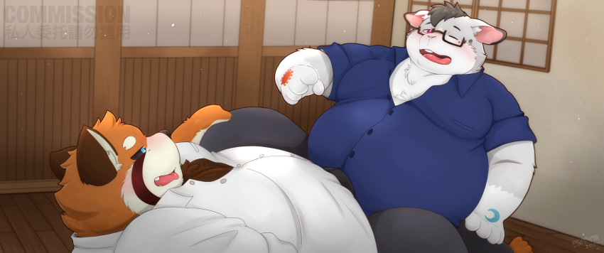 2022 96panda absurd_res ailurid anthro belly big_belly blush bottomwear bulge clothing detailed_background duo eyewear glasses grey_body hi_res inside kemono male male/male mammal orange_body overweight overweight_male pants red_panda shirt topwear unknown_species