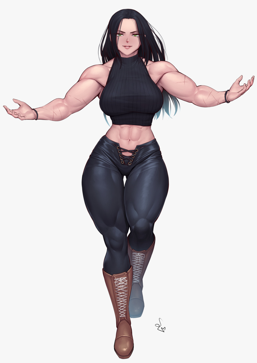 1girl abs absurdres black_hair black_pants black_tank_top boots bracelet commission crop_top green_eyes highres jewelry long_hair looking_at_viewer midriff muscular muscular_female original pants scar simple_background smile solo speedl00ver tank_top thick_thighs thigh_gap thighs white_background